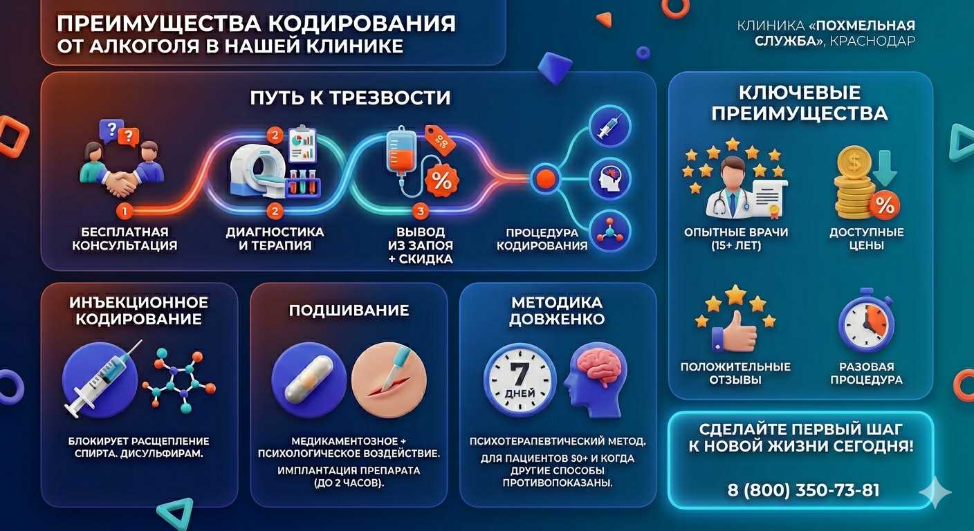 Инфографика о методах кодирования от алкоголя в Чайковском: инъекции, подшивание, метод Довженко. Преимущества клиники и этапы лечения.