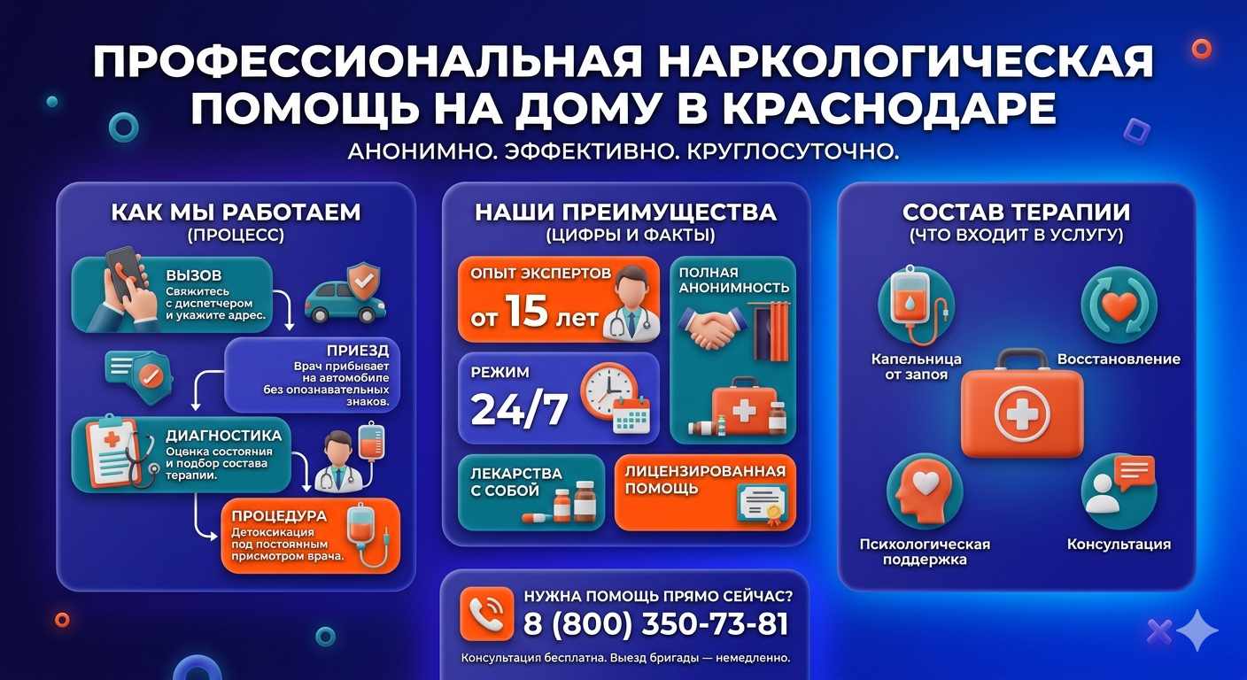 Инфографика о принципах лечения алкоголизма на дому в Чайковском: этапы вызова нарколога, преимущества анонимной детоксикации и состав медицинской помощи.